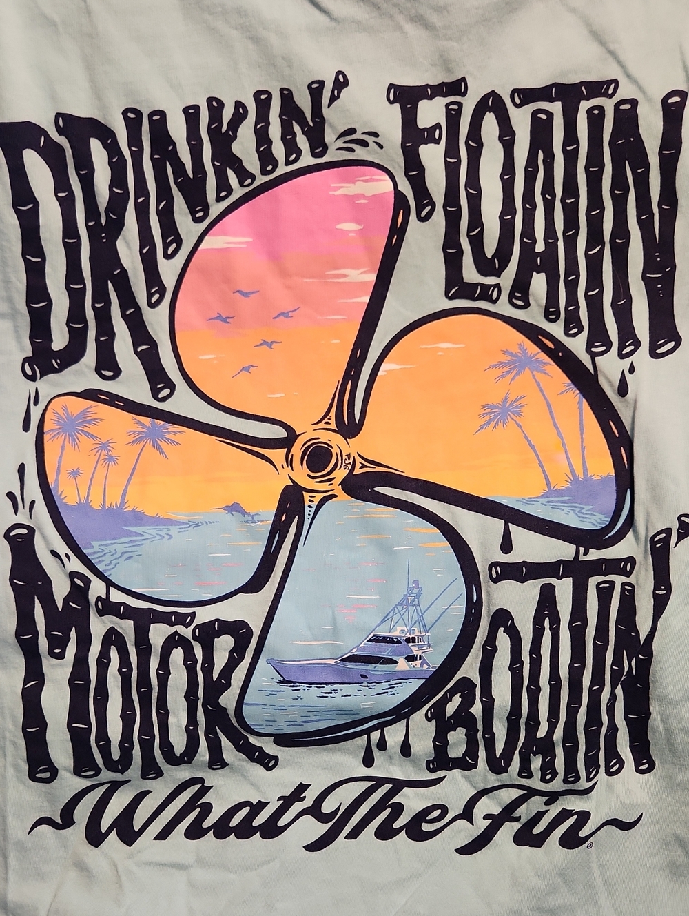 Motorboatin, Drinkin Propeller Graphic Tee - Sunset Colors What The Fin XXL